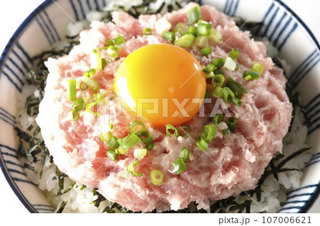刻み海苔と卵黄とネギトロの丼ぶりを白背景で俯瞰撮影 刻み海苔と卵黄とネギトロの丼ぶりを白背景で俯瞰撮影 107006621