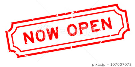 Grunge red now open word rubber seal stamp on white background 107007072