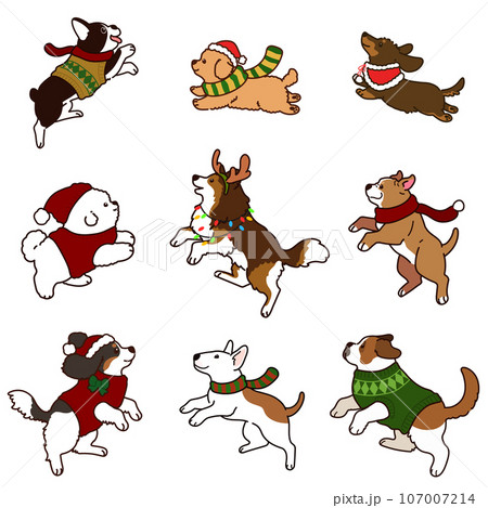 ジャンプするクリスマス仕様の可愛い犬のイラストセット 主線あり ジャンプするクリスマス仕様の可愛い犬のイラストセット 主線あり 107007214
