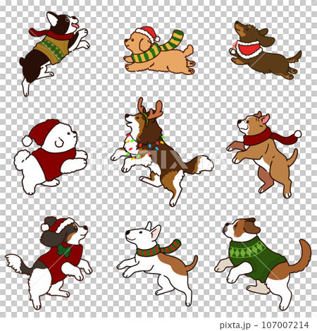 ジャンプするクリスマス仕様の可愛い犬のイラストセット 主線あり ジャンプするクリスマス仕様の可愛い犬のイラストセット 主線あり 107007214