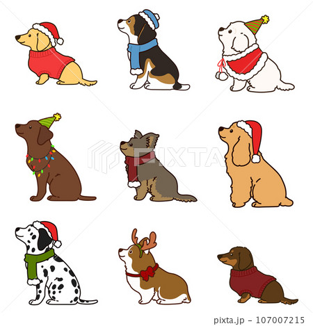 横を向いてお座りするクリスマス仕様の可愛い犬のイラストセット 主線あり 横を向いてお座りするクリスマス仕様の可愛い犬のイラストセット 主線あり 107007215