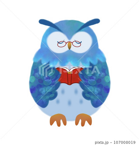 ミミズクが本を読んでいるかわいいイラスト 107008019
