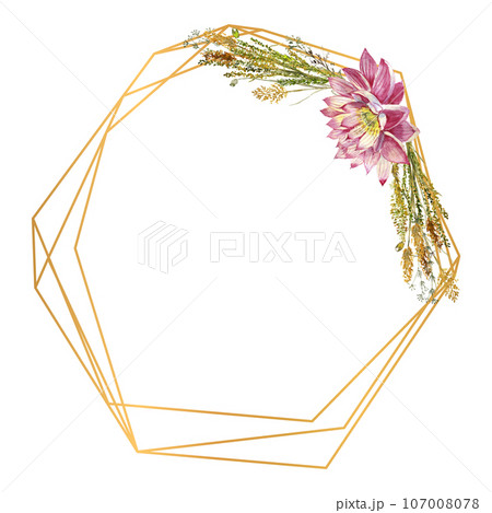 A polygonal frame with flowers of water lilies and wild forest grasses. Watercolor illustration on a white background A polygonal frame with flowers of water lilies and wild forest grasses. Watercolor illustration on a white background 107008078