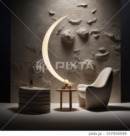Bright moon lamp illuminates dark room, creating cozy atmosphere with armchair and decor. Ai generated. 107008099