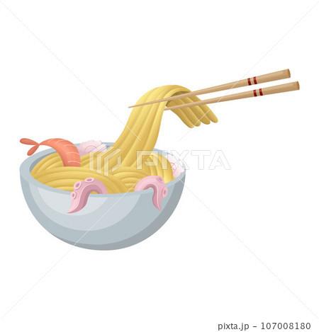 Asian style noodles with shrimp and octopus. vector illustration on a white background 107008180