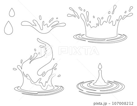 Water and juice splash liquide. Black doodle line. A dripped droplet, micro tale of gravity and surface tension A spill shape, abstract artists delight born from accident A water splash, fleeting 107008212