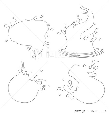 Water and juice splash liquide. Black doodle line. A drop shape, simple yet profound symbol of liquidity A dripped droplet, silent player in theater of fluid dynamics A spill shape, unexpected 107008223