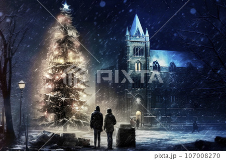 Back view of a couple next to an illuminated Christmas tree in front of a church at night during heavy snowfall Back view of a couple next to an illuminated Christmas tree in front of a church at night during heavy snowfall 107008270