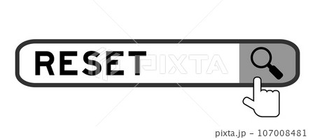 Search banner in word reset with hand over magnifier icon on white background Search banner in word reset with hand over magnifier icon on white background 107008481