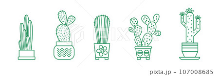 Cactus Indoor Houseplant Growing in Pot Line Icon Vector Set 107008685