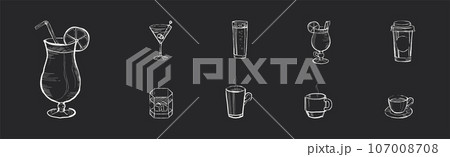 Drink and Beverage in Sketch Style Drawn with Chalk on Black Background Vector Set 107008708