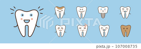 Funny Little Tooth Icon with Face on Blue Background Vector Set 107008735