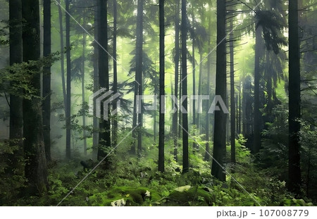 Old pine forest, misty day, in the style of romanticism vintage photo. Dull misty day hills landscape 107008779