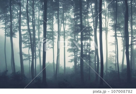 Old pine forest, misty day, in the style of romanticism vintage photo. Dull misty day hills landscape Old pine forest, misty day, in the style of romanticism vintage photo. Dull misty day hills landscape 107008782
