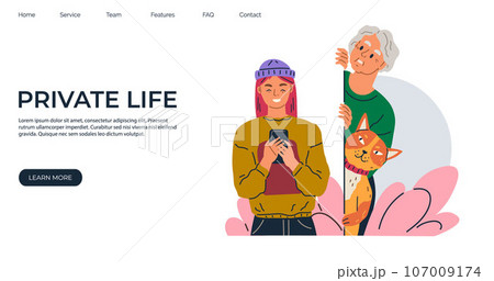 Non respect of private life landing page. Curious old lady gossip listen overhear and spy out corner. Searching, observing woman secretly looking out from wall listening to phone conversation of girl Non respect of private life landing page. Curious old lady gossip listen overhear and spy out corner. Searching, observing woman secretly looking out from wall listening to phone conversation of girl 107009174