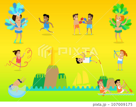 Brasil Rio summer games. World travel event for people sports. Copacabana. Carnival Brazil. Vector Illustration. Athletes compete. Rio sport jorney 107009175