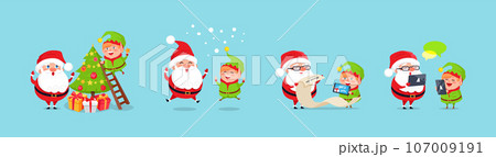 Santa Claus big Christmas and New Year set. Set of funny cartoon Santa with different emotions and situations. Happy old man with white beard. Santa with elf. Christmas scenes for your festive design Santa Claus big Christmas and New Year set. Set of funny cartoon Santa with different emotions and situations. Happy old man with white beard. Santa with elf. Christmas scenes for your festive design 107009191
