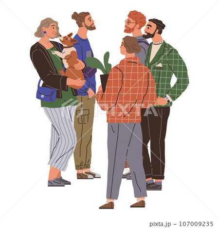 Waiting line, people queuing. Vector illustration. A group people waiting for new product launch camped overnight The queue men and women at polling station was inspiring SWaiting made conversation Waiting line, people queuing. Vector illustration. A group people waiting for new product launch camped overnight The queue men and women at polling station was inspiring SWaiting made conversation 107009235