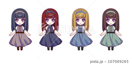 アニメ風の女の子キャラクターのデフォルメ全身イラストセット 107009265