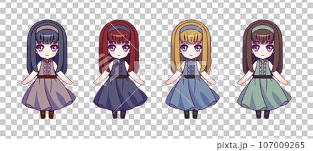 アニメ風の女の子キャラクターのデフォルメ全身イラストセット 107009265