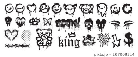 Spray graffiti element vector set, can splatter brush drip smiling kit, urban street black grunge. Spray graffiti element vector set, can splatter brush drip smiling kit, urban street black grunge. 107009314