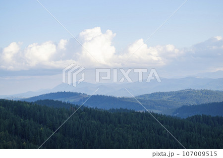 Mountain landscape with forest in the Carpathian mountains of Ukraine. Mountain landscape with forest in the Carpathian mountains of Ukraine. 107009515