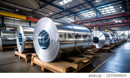 Rolls of galvanized steel sheet inside the factory or warehouse Rolls of galvanized steel sheet inside the factory or warehouse 107009605