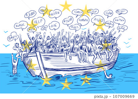 Refugees migration from Africa to Europe, Asylum Seeker. Vector hand drawn 107009669