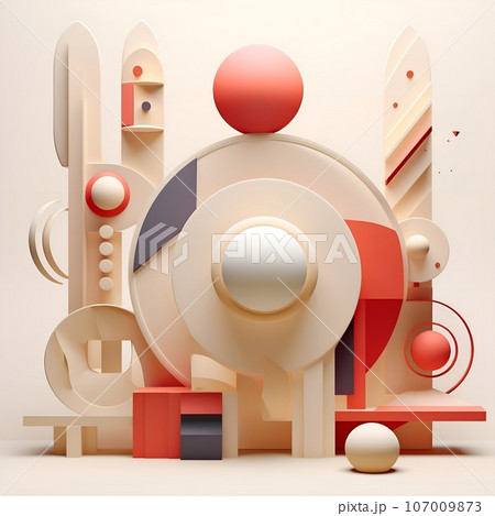 3d geometric shapes and objects in a modern and geometric style, light beige and magenta. Lively movement portrayal, surrealism-inspired, balance, poured, bauhaus photography, organic forms, muted 107009873