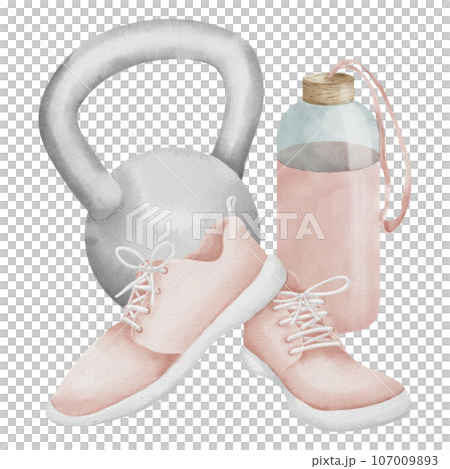 Sneakers with water bottle and kettlebell on isolated background. Hand drawn watercolor female Fitness equipment illustration. Drawing of pink Sports shoes for women and dumbbell for icon or logo. 107009893