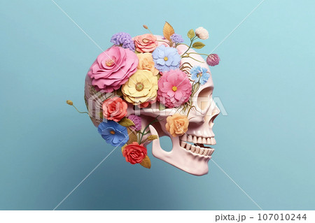 Skull with flowers, creative Halloween floral concept. Flowers in a human skull on pastel background. Dead head, sugar skull, Santa Muerte, Mexican Day of the Dead, fashion minimal art. AI generated 107010244