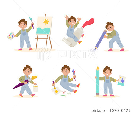 Boy artist drawing with colored pencils and brushes on canvas, paper. Set of funny cartoon kid character. Children art and design school concept 107010427