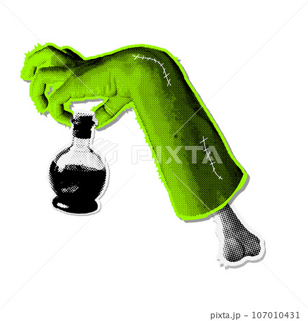 A severed zombie hand with potion flask. Collage paper zombie hand sticker in trendy halftone retro style. Neon vector 90s retro grunge element. 107010431