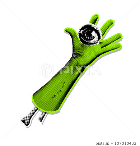 A severed zombie hand holding eye. Collage paper zombie hand sticker in trendy halftone retro style. Neon vector 90s retro grunge element 107010432