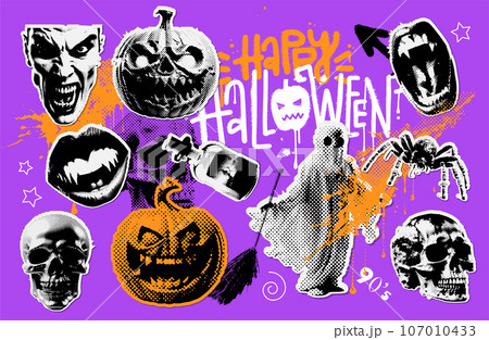 Collection of halftone Halloween paper collage stickers. Grunge Vector illustration with pumpkin, ghost, skull and vampire monster. Halftone 90s vintage elements for mixed media design. 107010433