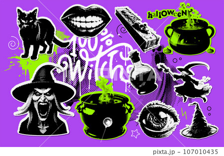 Halloween set of 100 percent witch halftone collage elements. Grunge mixed media paper stickers. Cauldron, hat, cat, potion, skull, vampire smile. Vector dotted illustration, all elements are isolated 107010435