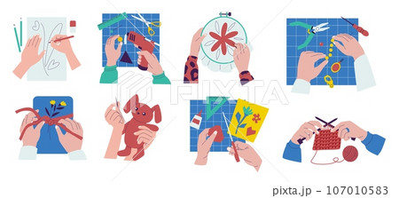 Handmade hobby. Colorful needlework and textile art, cartoon creative workshop with making beading yarn embroidery. Vector flat set Handmade hobby. Colorful needlework and textile art, cartoon creative workshop with making beading yarn embroidery. Vector flat set 107010583