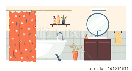 Cartoon bathroom interior with mirror and bath Cartoon bathroom interior with mirror and bath 107010657