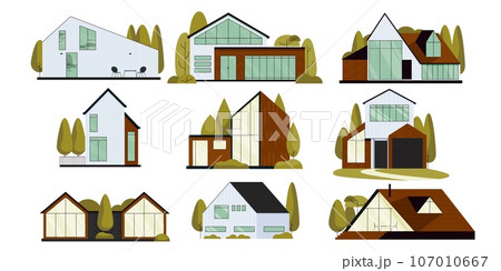 Modern suburban villas. Luxury house with terrace and garden. Urban real estate with apartment and house. Vector isolated set 107010667