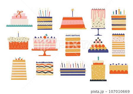 Birthday cakes. Cartoon sweet desserts with colorful decorations, creative bakery products for party celebration, delicious pastry. Vector flat set 107010669