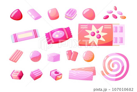 Bubblegum collection. Chewy sweet mint candy gumballs, cartoon gum flavor stick balls, mint dragee product. Vector isolated set 107010682