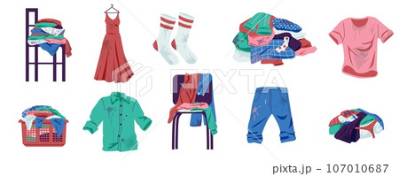 Dirty clothes. Washing laundry pile, dry laundry basket with stain and smelly textile, laundry room with dirty fabric cloth. Vector cartoon set Dirty clothes. Washing laundry pile, dry laundry basket with stain and smelly textile, laundry room with dirty fabric cloth. Vector cartoon set 107010687