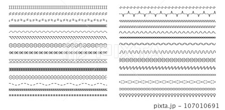 Machine black stitch. Seamless zigzag variation, needlework border with straight and curvy lines, variation of embroidery pattern. Vector isolated set 107010691