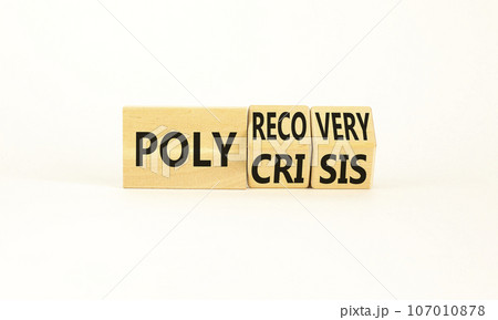 Polycrisis or polyrecovery symbol. Concept words Polycrisis Polyrecovery on wooden cubes. Beautiful white background. Businessman hand. Business Polycrisis or polyrecovery concept. Copy space. Polycrisis or polyrecovery symbol. Concept words Polycrisis Polyrecovery on wooden cubes. Beautiful white background. Businessman hand. Business Polycrisis or polyrecovery concept. Copy space. 107010878