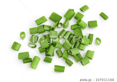 Green onion isolated on the white background. Top view. Flat lay. Green onion isolated on the white background. Top view. Flat lay. 107011108