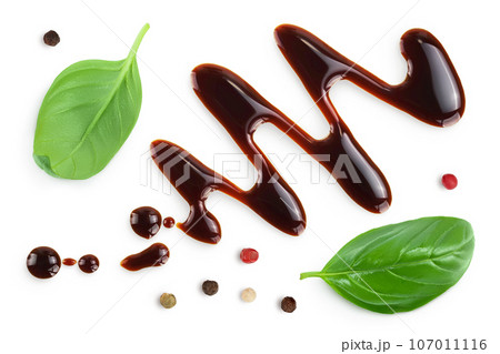 Balsamic vinegar isolated on white background. Top view. Flat lay 107011116