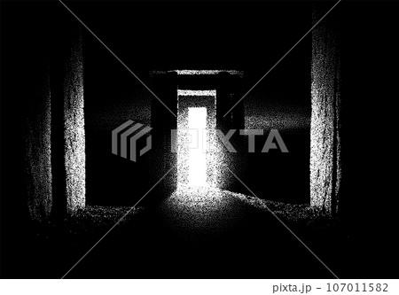 Ancient ruins in sci-fi scene with dotwork retro style. Mysterious gate debris with dramatic lights and retro texture 107011582