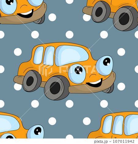 Seamless pattern with cute car on color background. Cartoot transport. Vector illustration. Doodle style. Design for baby print, invitation, poster, card, fabric, textile Seamless pattern with cute car on color background. Cartoot transport. Vector illustration. Doodle style. Design for baby print, invitation, poster, card, fabric, textile 107011942