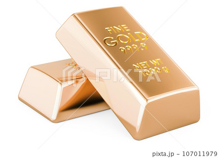 Two gold ingots, gold bars, gold bullions, golden bricks. 3D rendering 107011979