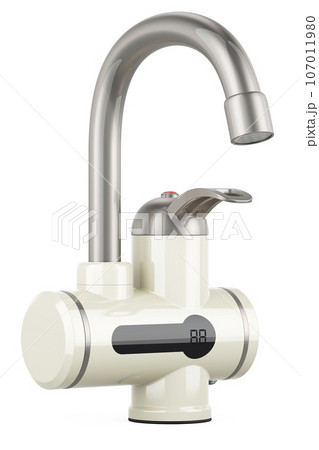 Instant Hot Water Tap, Electric Water Heater Tap with Digital Display, Instant Heater Faucet. 3D rendering Instant Hot Water Tap, Electric Water Heater Tap with Digital Display, Instant Heater Faucet. 3D rendering 107011980